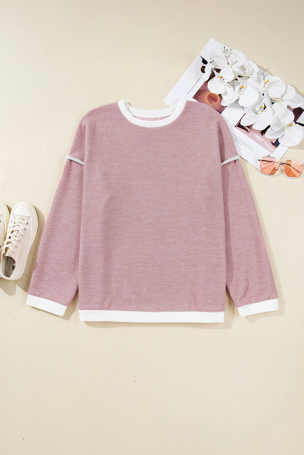 Light Pink Contrast Trim Knitted Drop Shoulder Plus Size Top