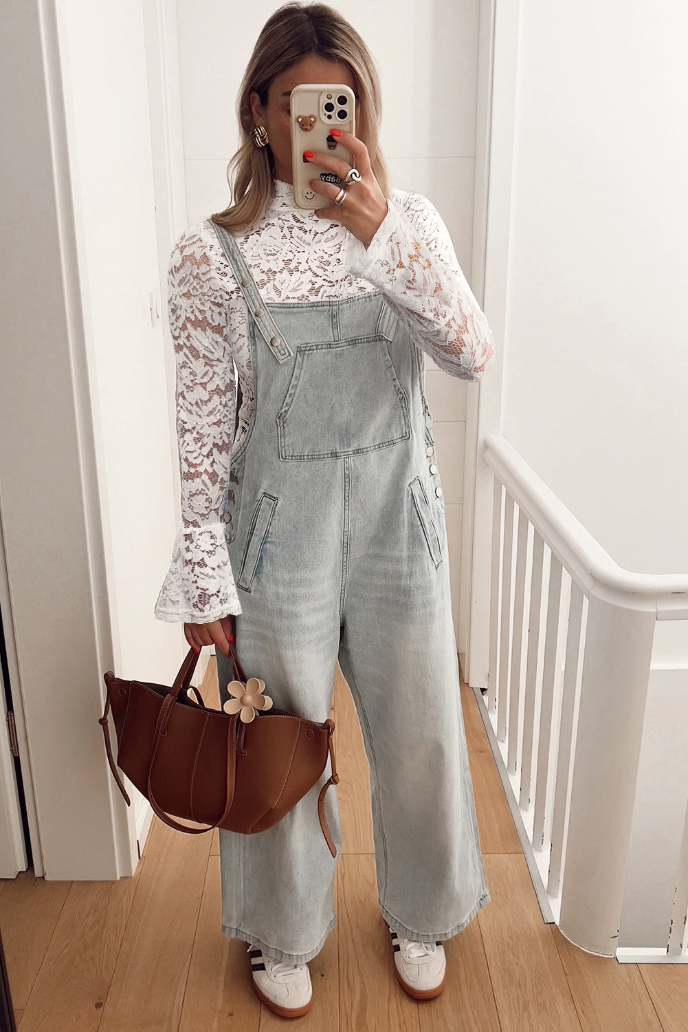 White Lace Crochet Bell Sleeve Mock Neck Blouse