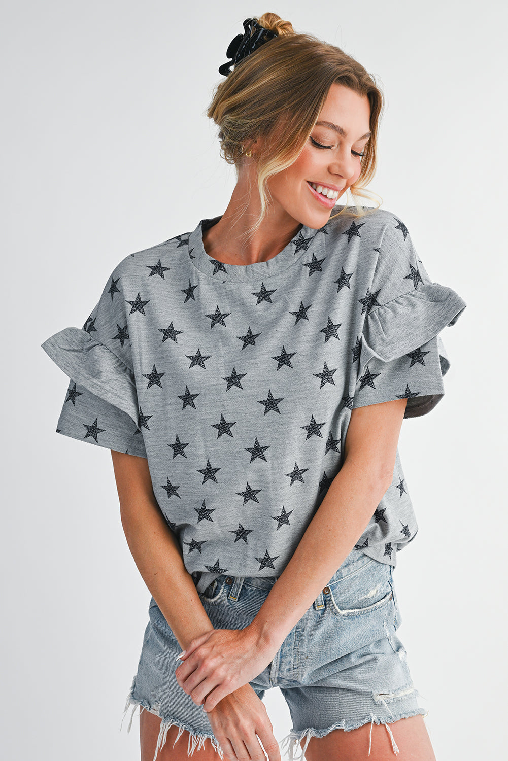 Gray Star Print Tiered Ruffle Sleeve Crew Neck T Shirt
