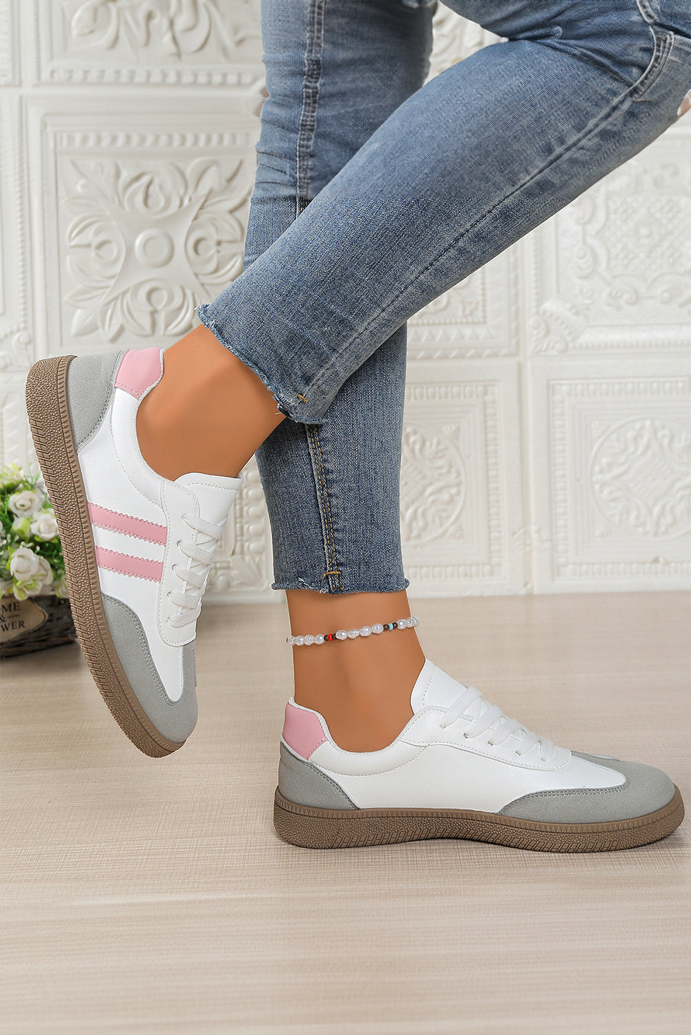 Pink Striped Patchwork Lace Up Sneakers