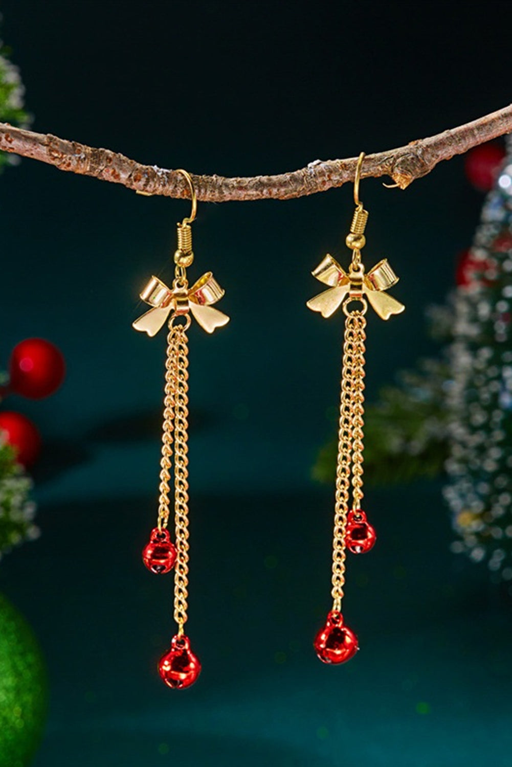 Fiery Red Bow Christmas Jingle Bell Dangle Earring