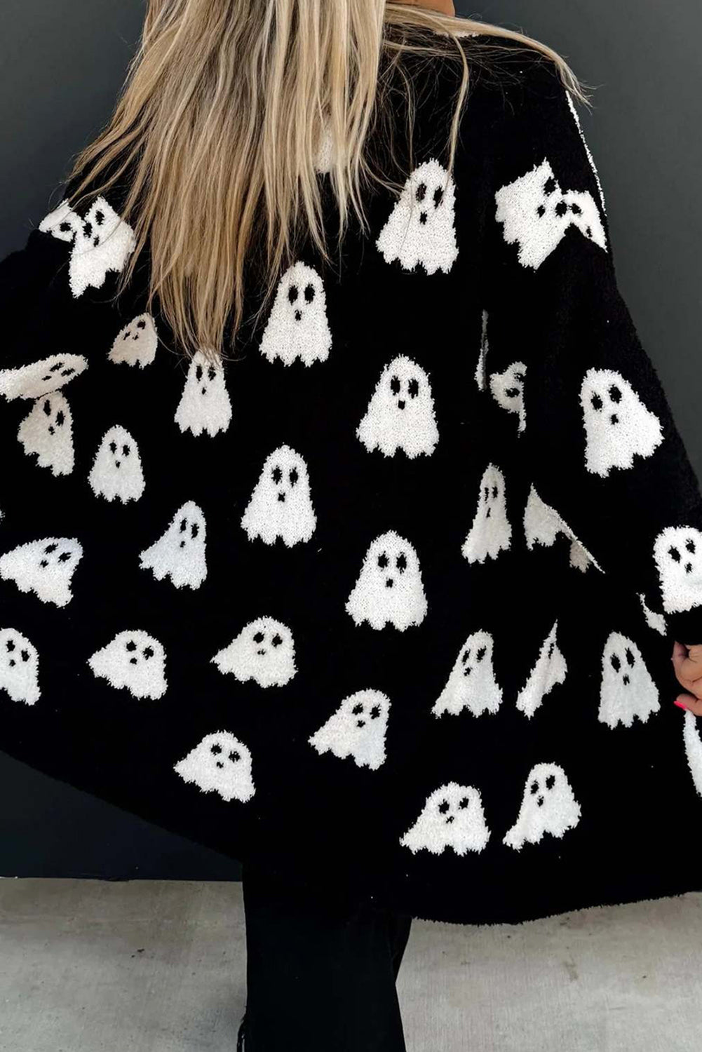 Black Halloween Ghost Pattern Mid length Knitted Cardigan