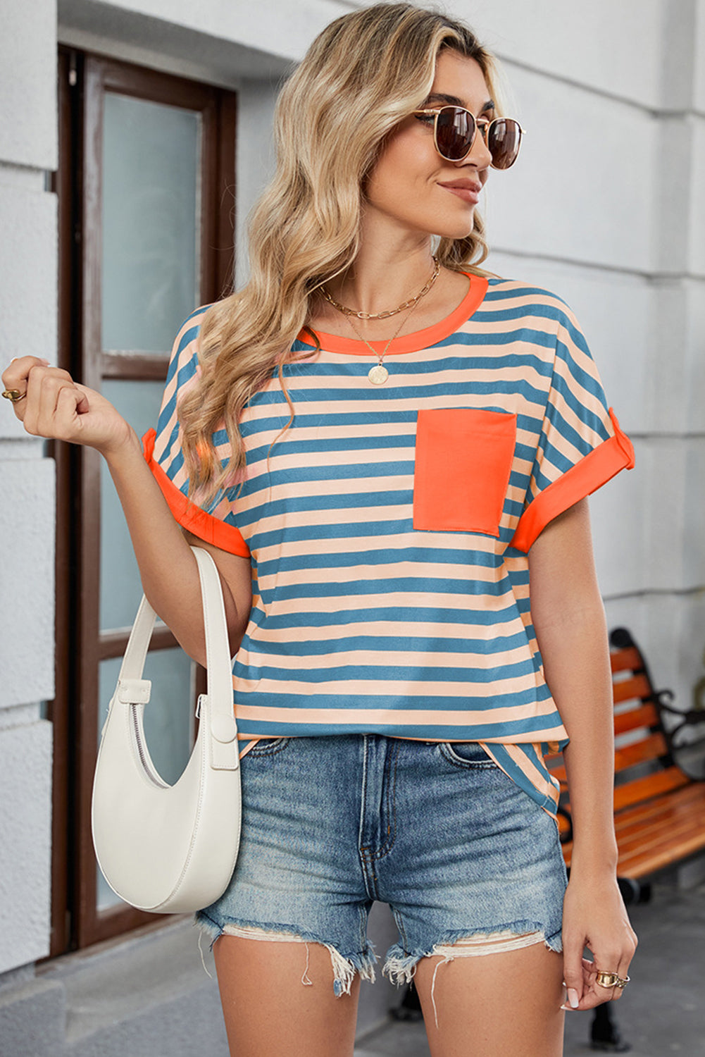 Orange Stripe Contrast Trim Pocket Patched T Shirt