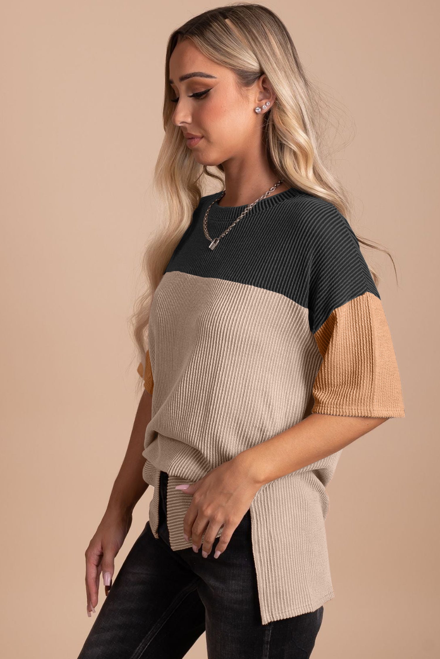 Black Color Block Ribbed Side Slits Half Sleeve Top