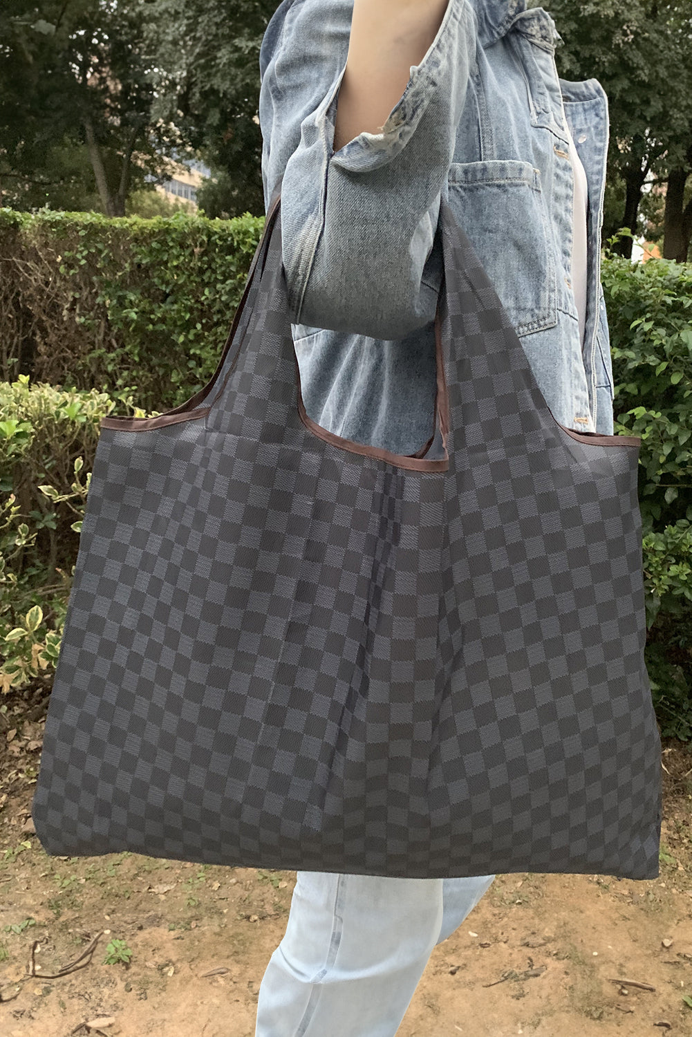 Black Checkered Print Large Foldable Tote Bag