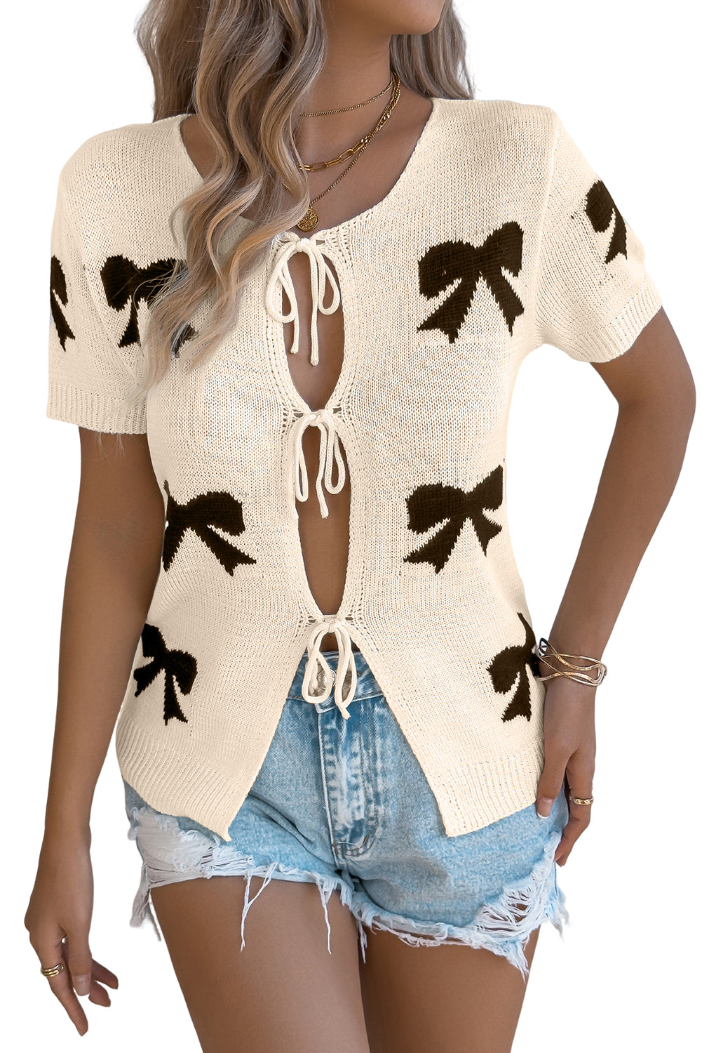 Beige Bow Tie Front Short Sleeve Knit Top