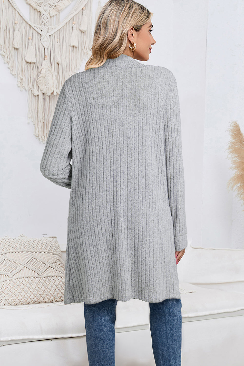Gray Ribbed Knit Open Front Tunic Cardigan with Pockets