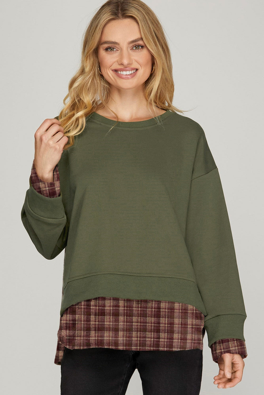Moss Green Vintage Plaid Patchwork Drop Shoulder Sweatshirt