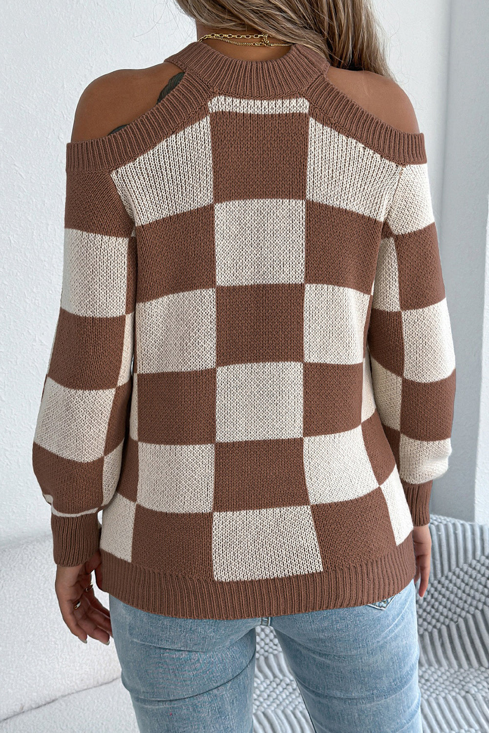 Coffee Off the Shoulder Checkered Sweater