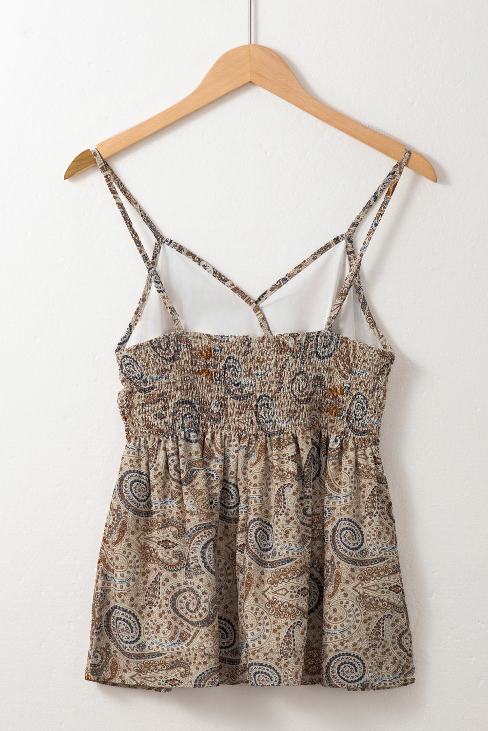 Khaki Paisley Print Spaghetti Strap V Neck Smocked Cami Top