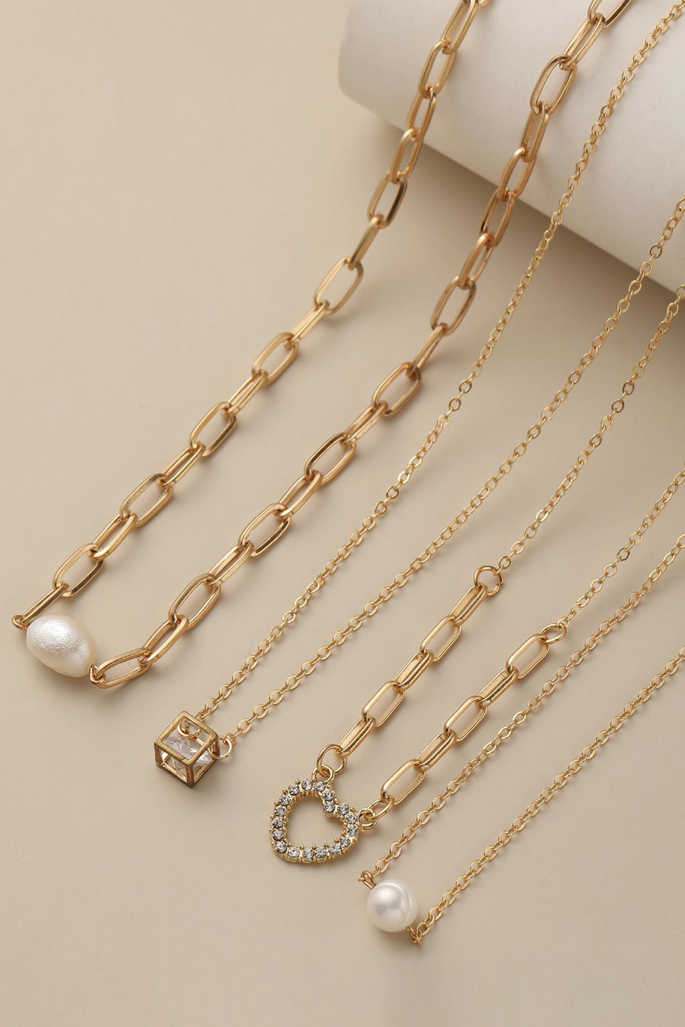 Gold 4pcs Pearl Cube Heart Pendant Chain Necklace Set