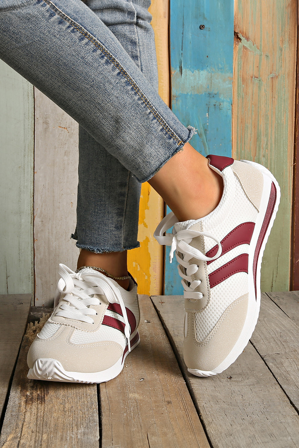 White Patchwork Breathable Lace Up Sneakers