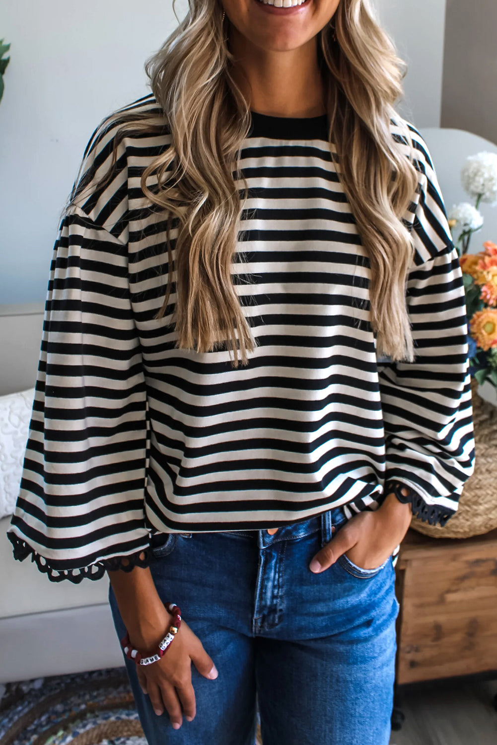 Black Striped Round Neck Contrast Lace Trim Bell Sleeve Top