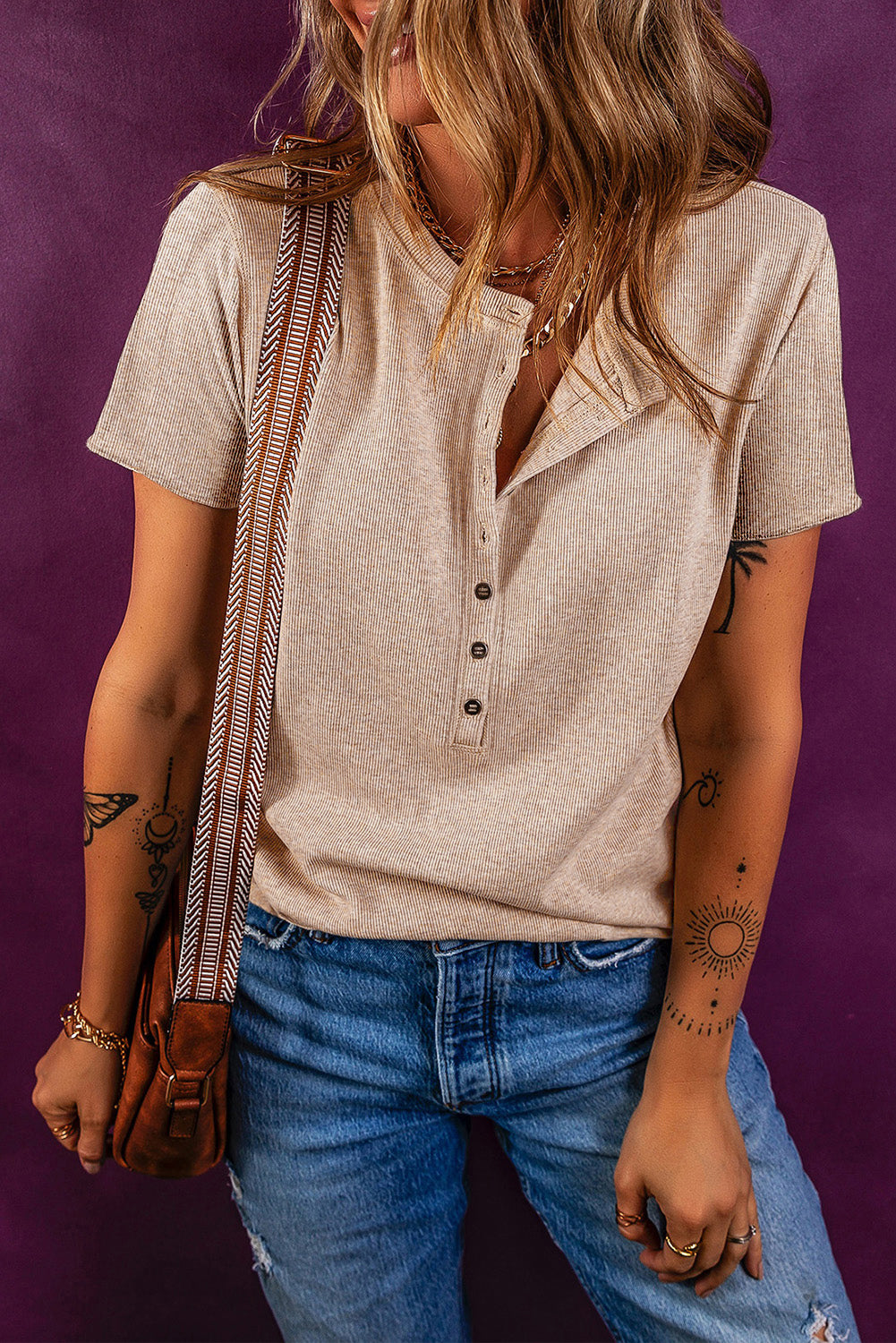 Oatmeal Short Sleeve Half Button Ribbed Top