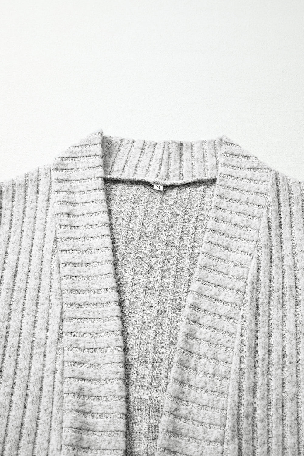 Gray Ribbed Knit Open Front Tunic Cardigan with Pockets