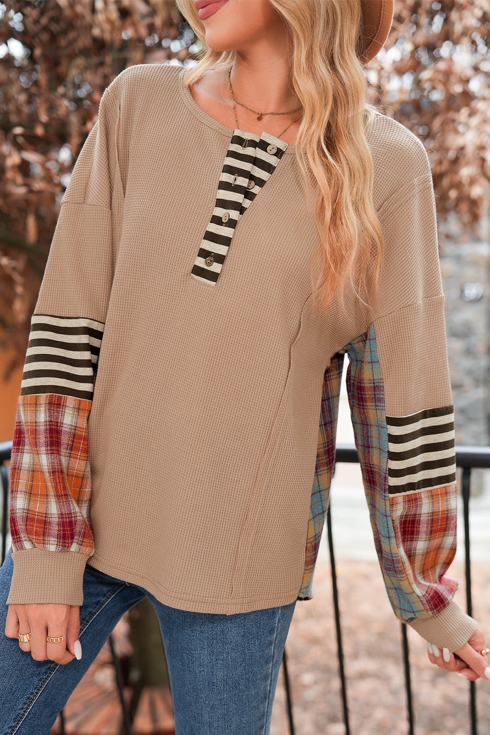 Straw Yellow Waffle Stripe Plaid Patchwork Henley Top