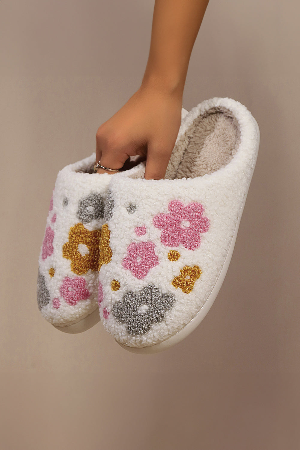 White Floral Fuzzy Winter Slippers