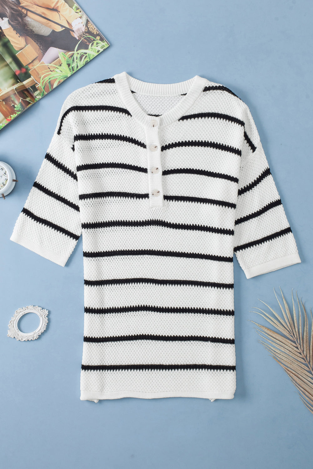 White Stripe Drop Shoulder Bracelet Sleeve Henley Knit Tee