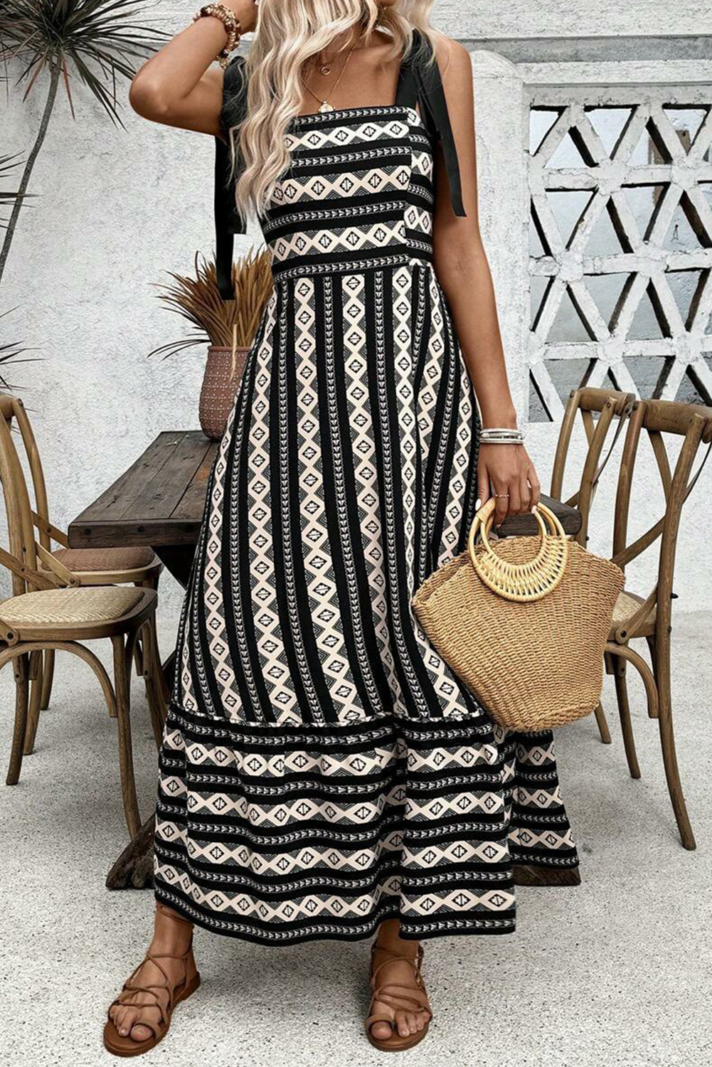 Black Geometric Striped Knot Strap Maxi Dress