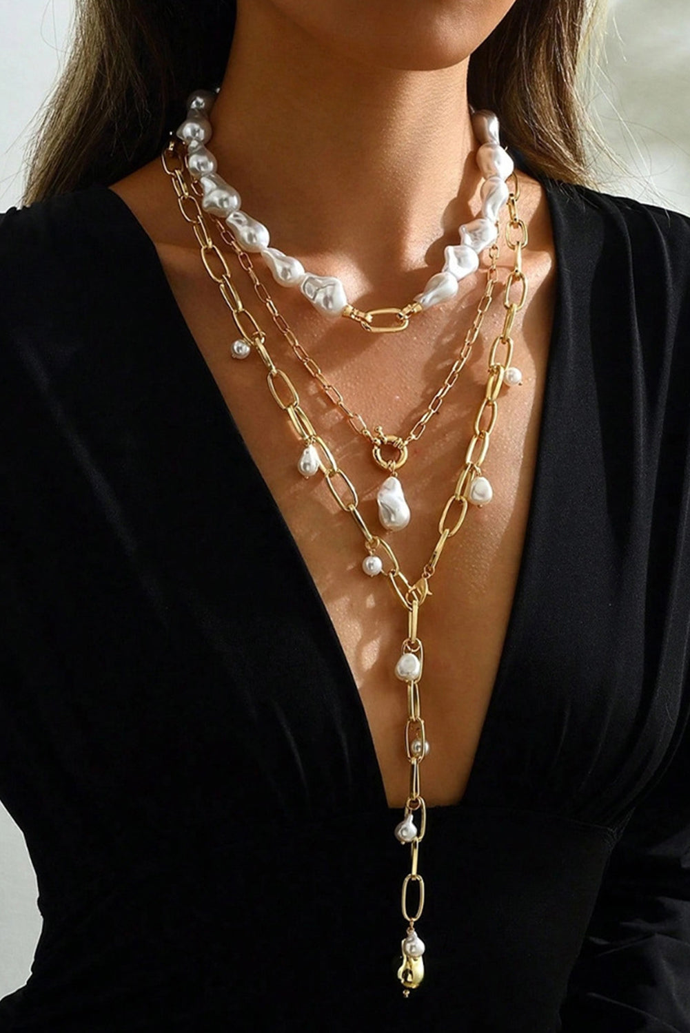 Gold Statement 3pcs Pearl Chain Necklace Set
