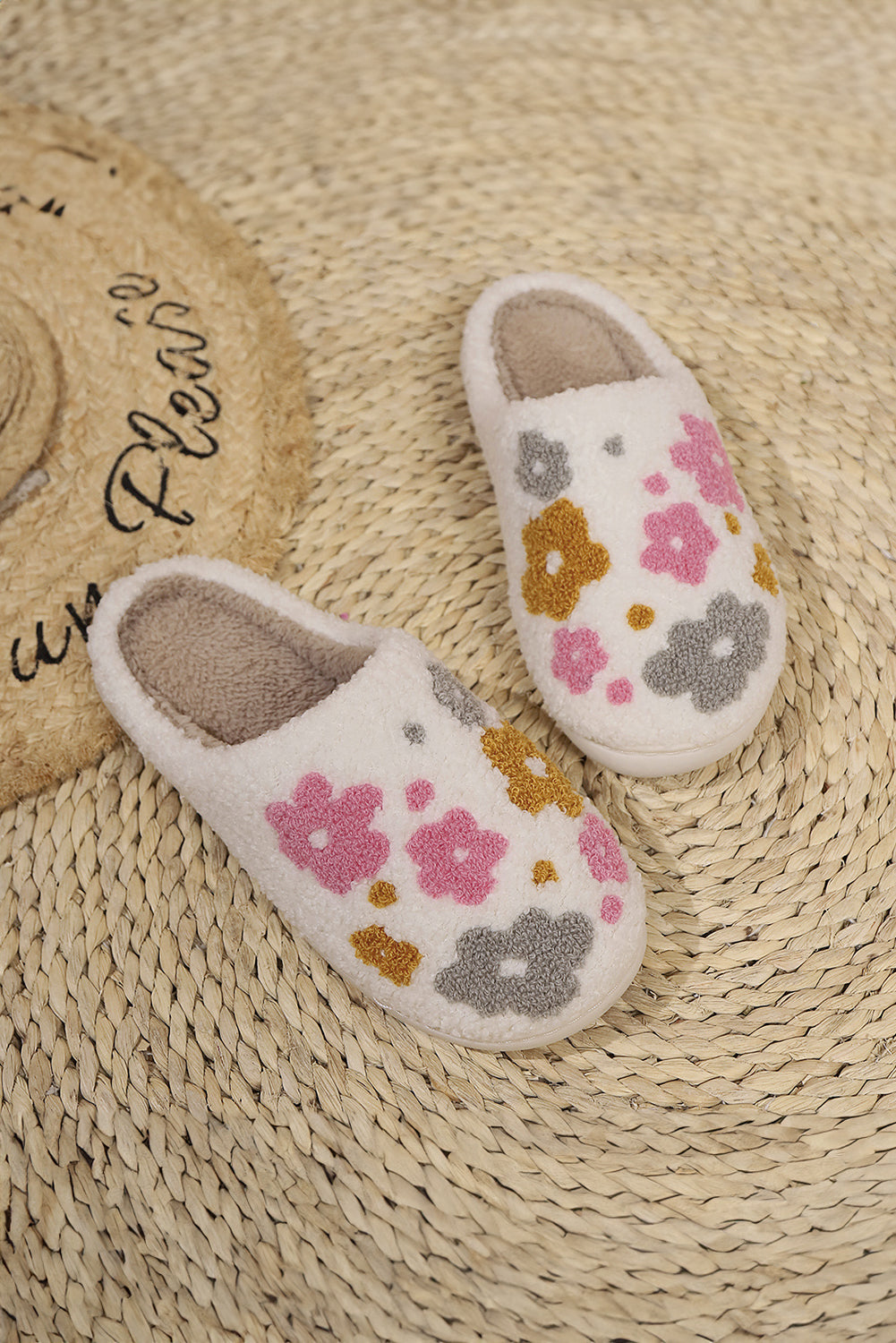 White Floral Fuzzy Winter Slippers