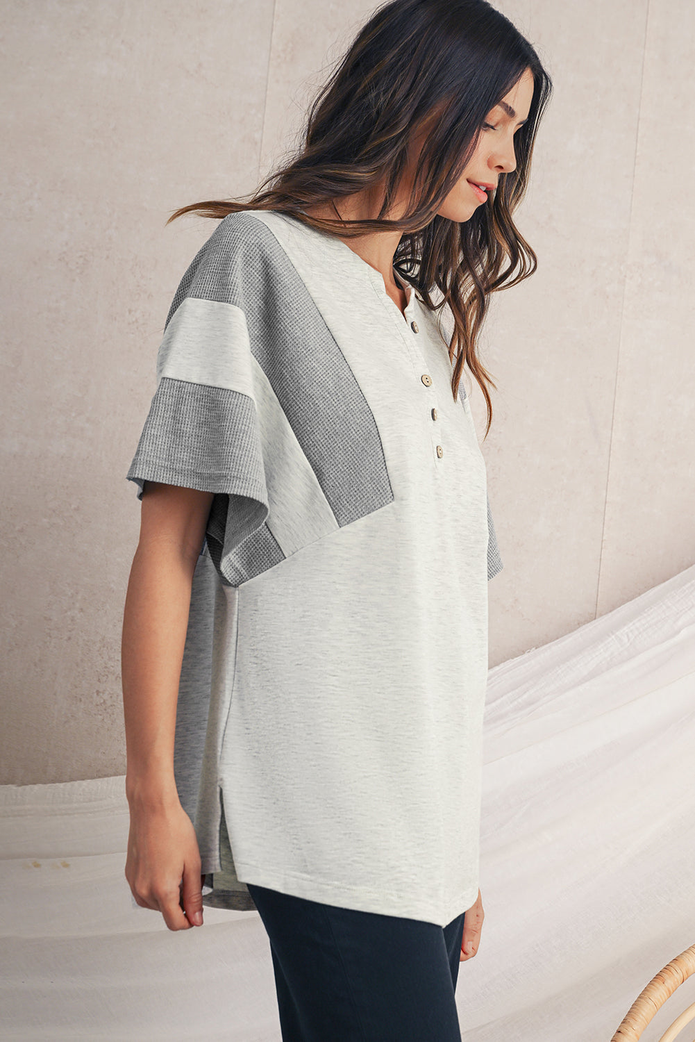 Light Grey Two Tone Contrast Waffle Knit Patched Buttoned V Neck Top