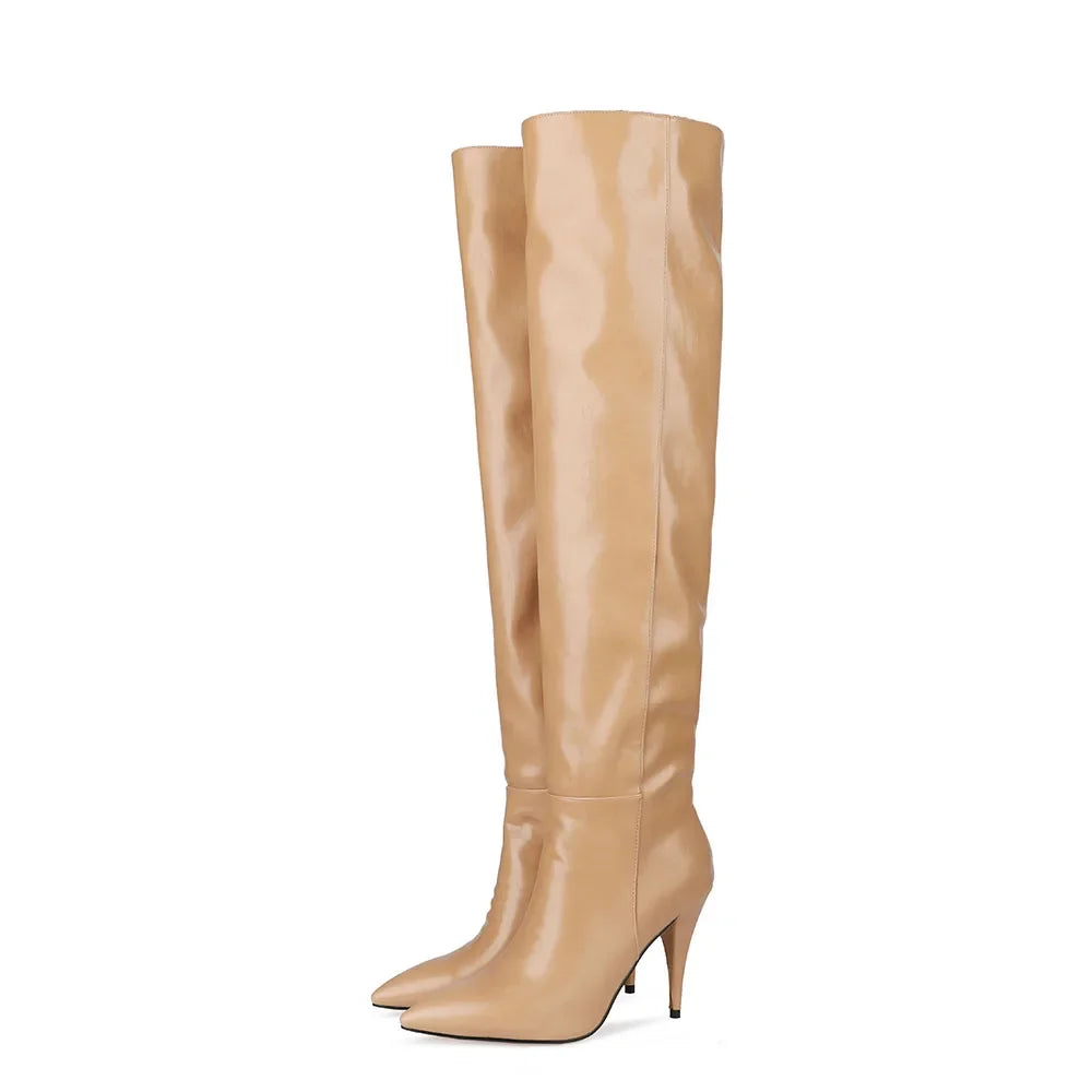 2024 Women's Pleated Solid-Tone Pointed-Toe Slim Stiletto Knee-High Boots - Plus Size FW Fashion-Forward Chic Footwear