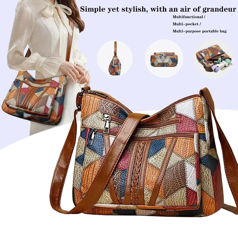 Lady's mother bag with geometric pattern design, suitable for traveling and shopping. Made of PU material.