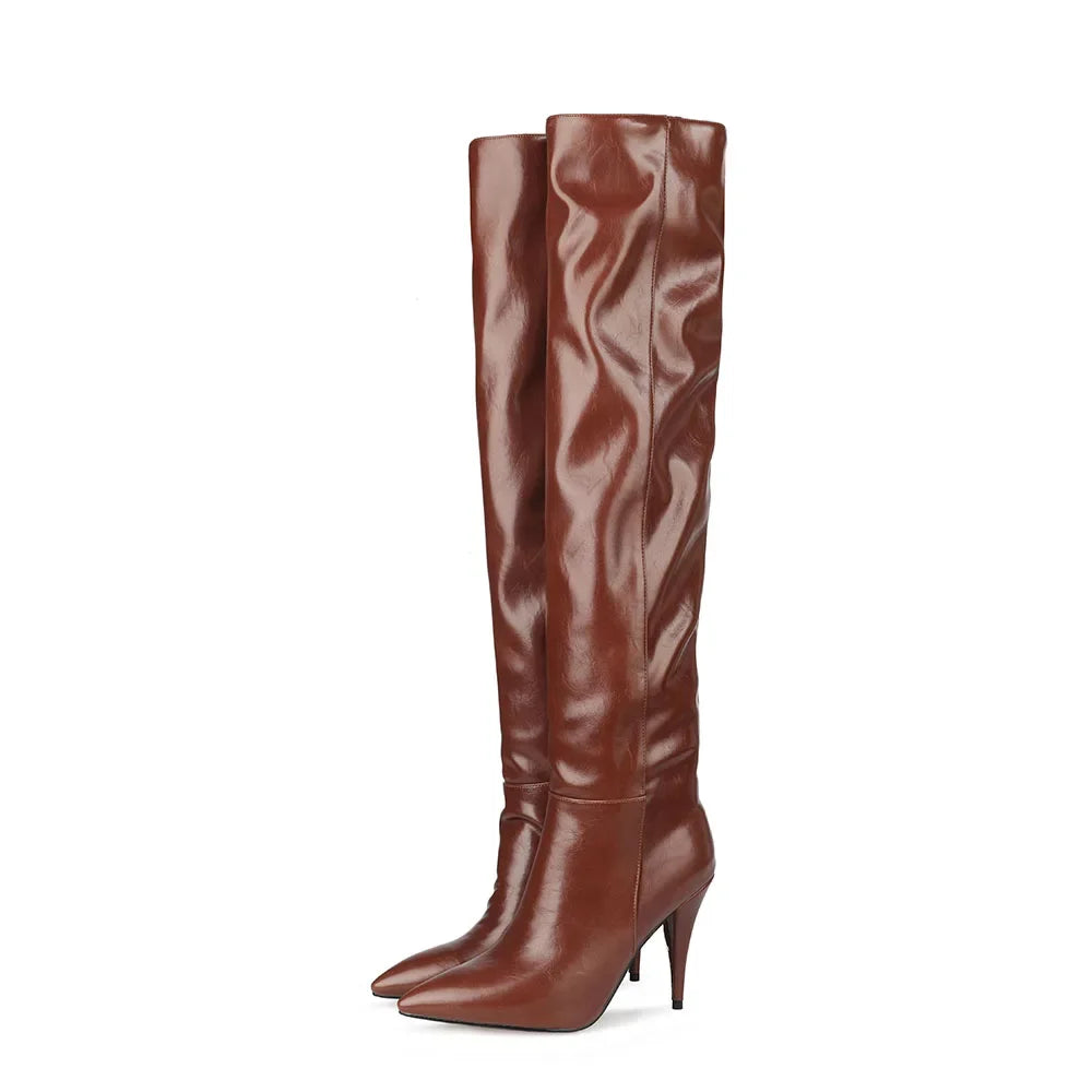 2024 Women's Pleated Solid-Tone Pointed-Toe Slim Stiletto Knee-High Boots - Plus Size FW Fashion-Forward Chic Footwear