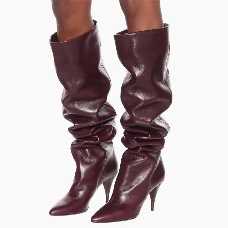 2024 Women's Pleated Solid-Tone Pointed-Toe Slim Stiletto Knee-High Boots - Plus Size FW Fashion-Forward Chic Footwear