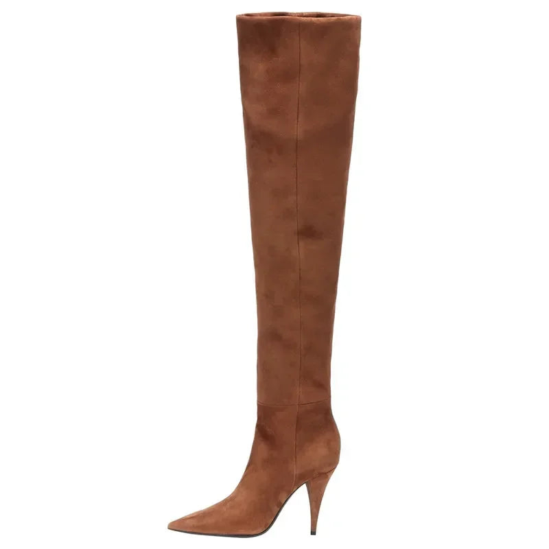 2024 Women's Pleated Solid-Tone Pointed-Toe Slim Stiletto Knee-High Boots - Plus Size FW Fashion-Forward Chic Footwear