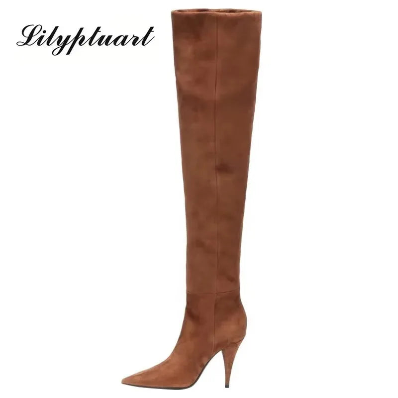 2024 Women's Pleated Solid-Tone Pointed-Toe Slim Stiletto Knee-High Boots - Plus Size FW Fashion-Forward Chic Footwear