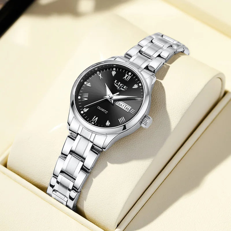 LIGE Women Wrist Watch Original Watches for Ladies Waterproof Stainless Steel Luxury Quartz Woman Wristwatch Diamond Dial Clock