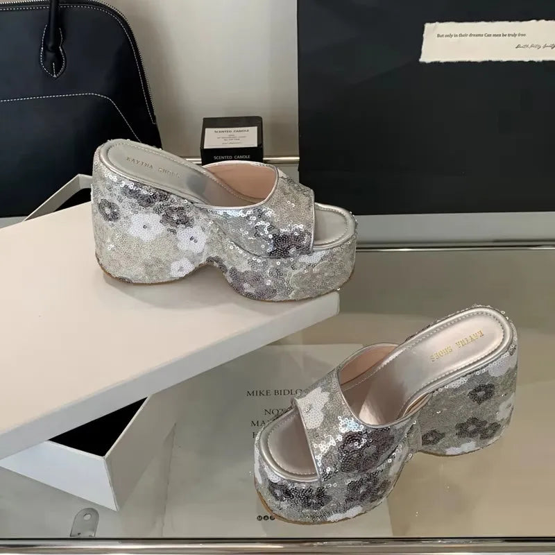 13cm Black Wedge Sandals Women Pink Flower Print Platform High Heels Slippers Summer Ladies Shoes Silver 13CM Heeled Sandals