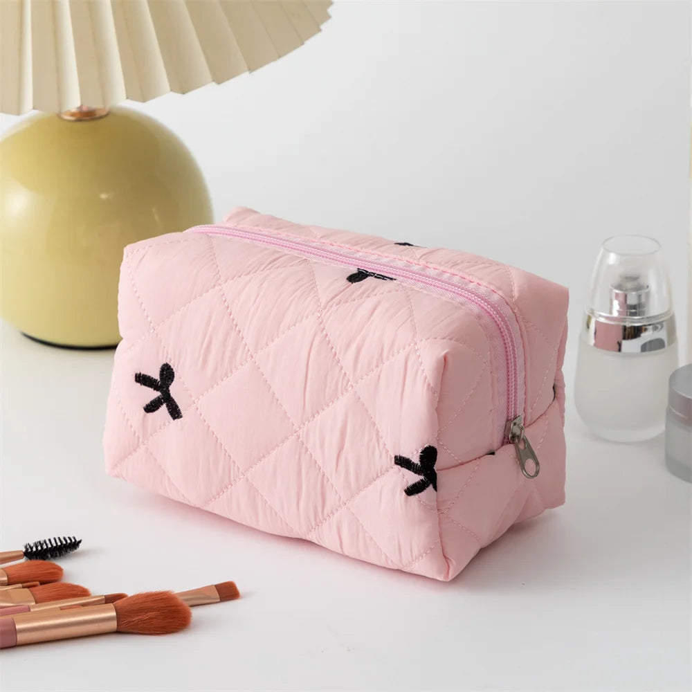 Ladies' Bow Makeup Bag for Women Embroidered Bowknot Travel Cosmetic Bags Large Capacity Handheld Makeup Toiletry Storage Bag