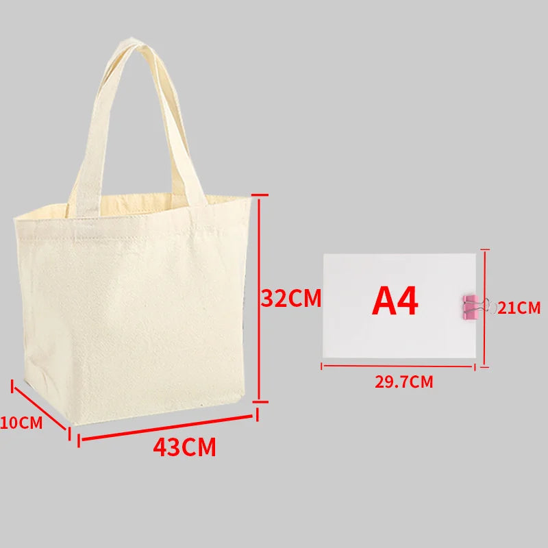 Reusable Large Capacity Canvas Shopping Bags Folding Eco-friendly Cotton Tote Bags DIY Shoulder Bag Grocery Handbag Beige White