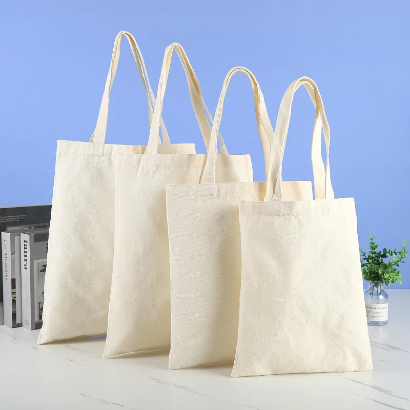 Reusable Large Capacity Canvas Shopping Bags Folding Eco-friendly Cotton Tote Bags DIY Shoulder Bag Grocery Handbag Beige White