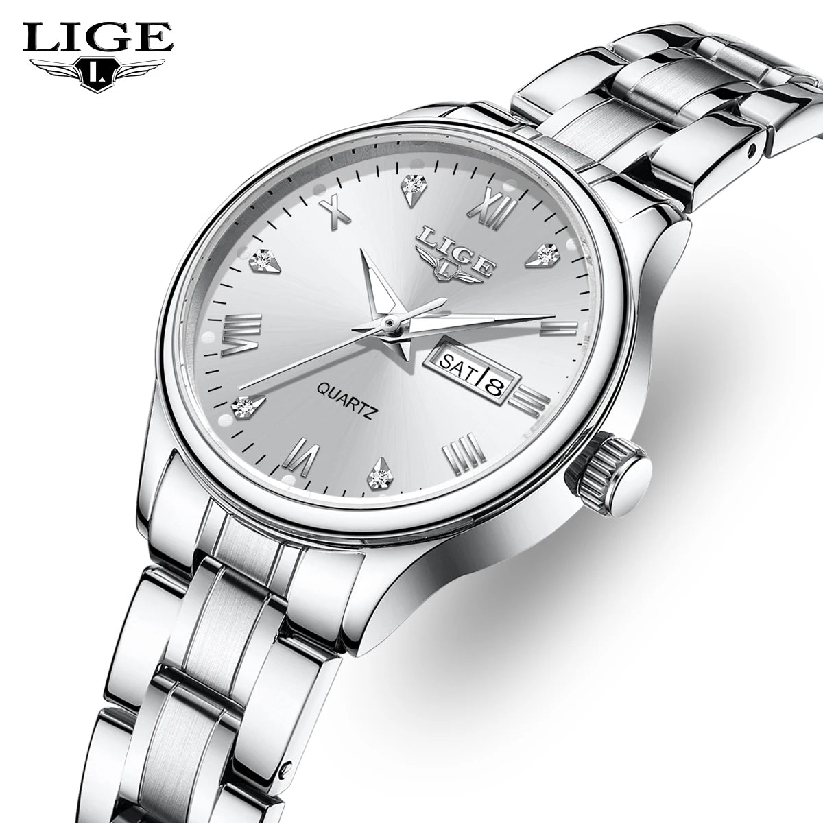 LIGE Women Wrist Watch Original Watches for Ladies Waterproof Stainless Steel Luxury Quartz Woman Wristwatch Diamond Dial Clock