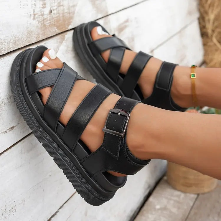 Women's Summer 2025 Roman Style Sandals Thick Bottom Flat Roman Strap Beach Shoes Platform Casual Flats Sandalias