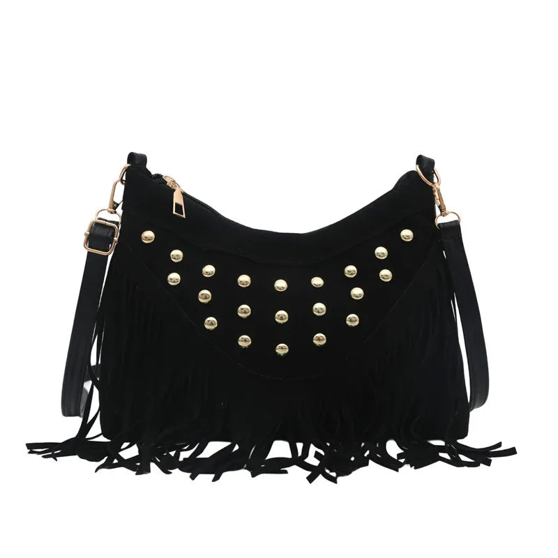 New retro saddle bag, tassel rivet trendy single shoulder women's bag, large capacity women's small square bag