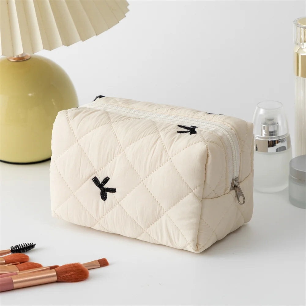 Ladies' Bow Makeup Bag for Women Embroidered Bowknot Travel Cosmetic Bags Large Capacity Handheld Makeup Toiletry Storage Bag