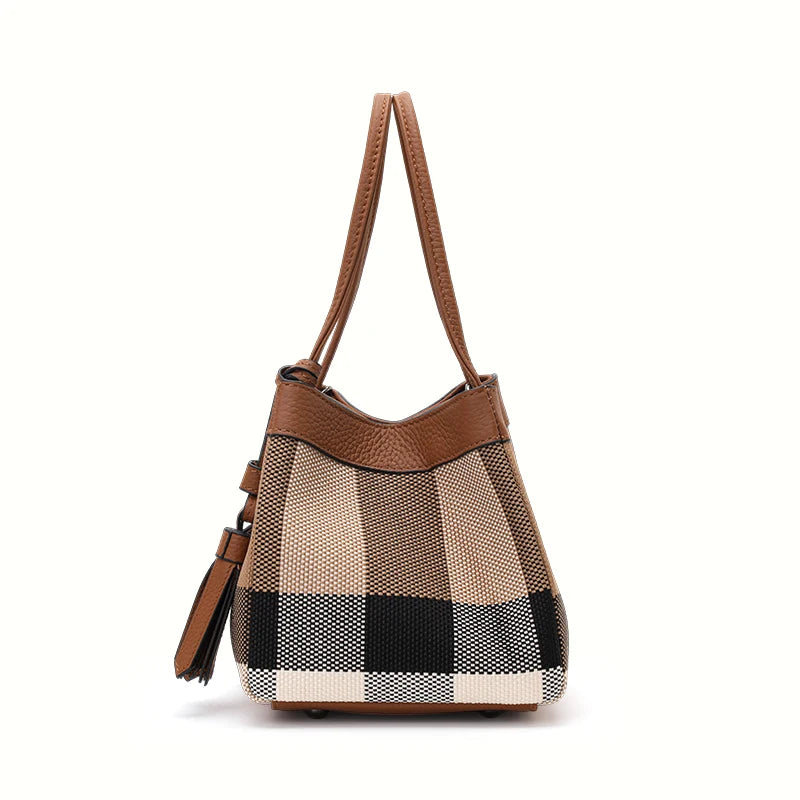 Aidrani Plaid - Canvas Bucket Bag: Leather Trim, Tassel Charm & Timeless Pattern