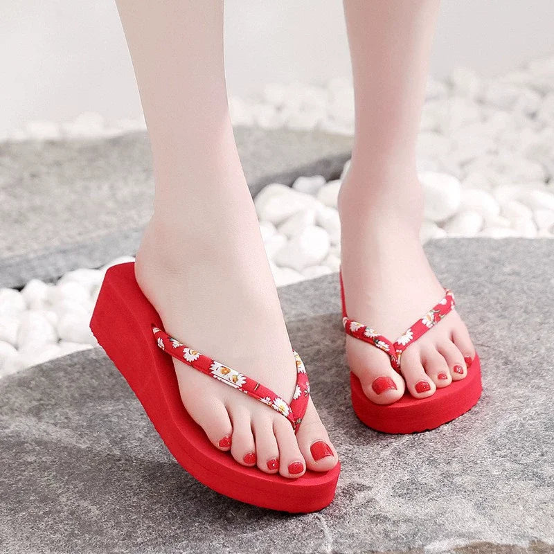 Open Toe Slippers Stylish Women's Flower Print Thick Sole Flip Flops for Summer Beach Outings Home Wear Non-slip Bottom Sandals