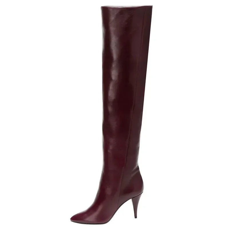 2024 Women's Pleated Solid-Tone Pointed-Toe Slim Stiletto Knee-High Boots - Plus Size FW Fashion-Forward Chic Footwear