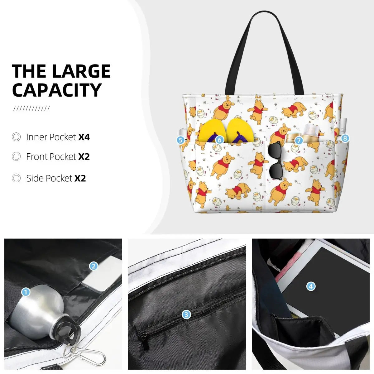 Fashion Winnie The Pooh Women Tote Bag for Travel Large Cute Bear Print Weekender Bags for Holiday