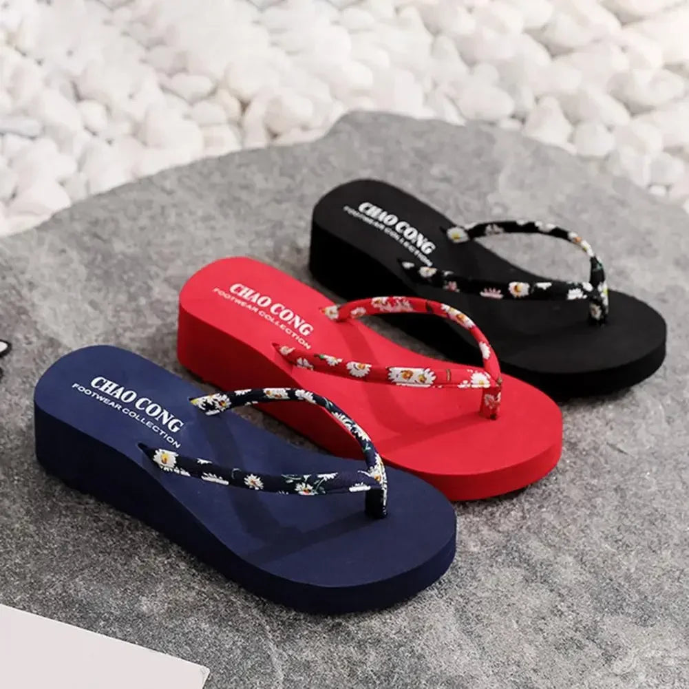 Open Toe Slippers Stylish Women's Flower Print Thick Sole Flip Flops for Summer Beach Outings Home Wear Non-slip Bottom Sandals