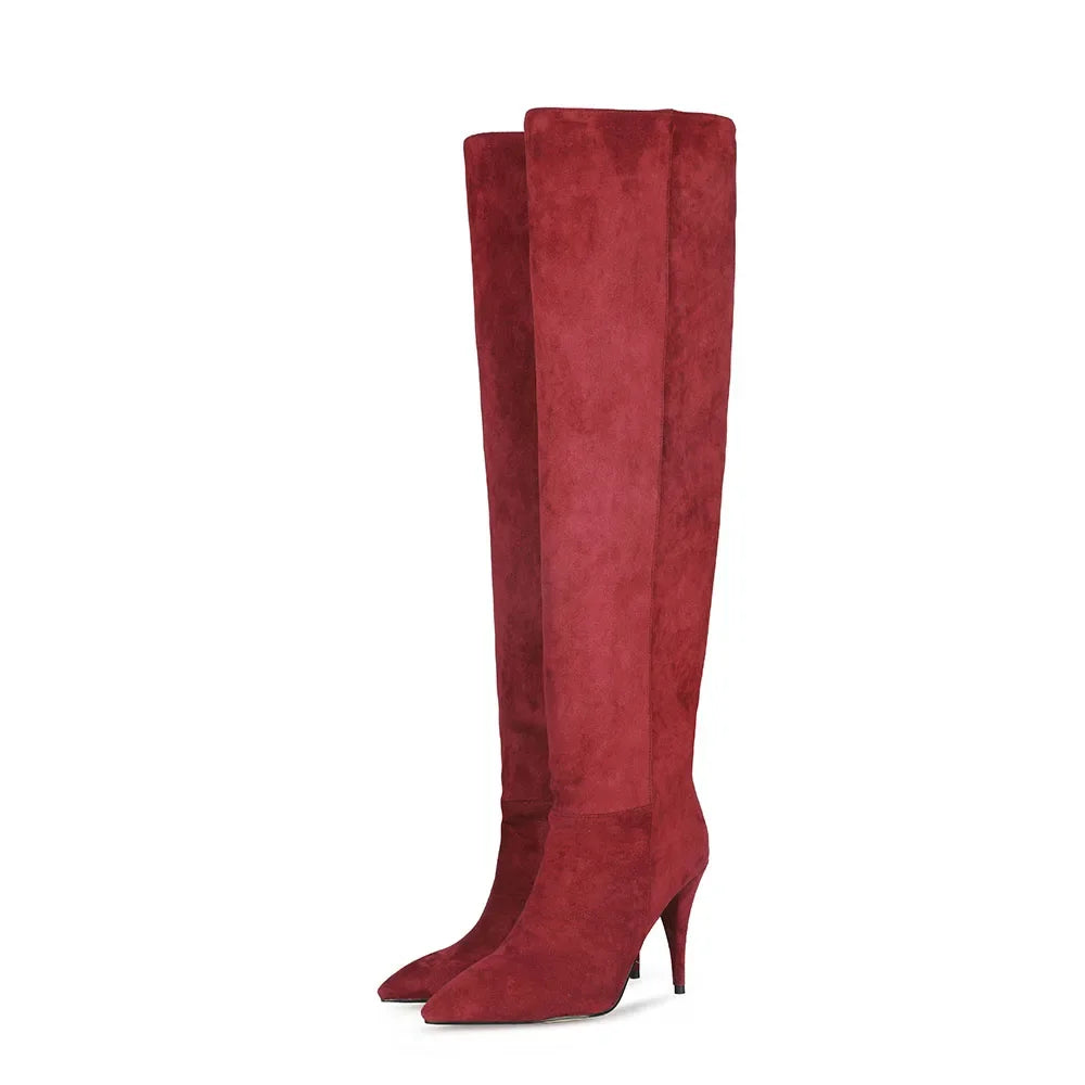2024 Women's Pleated Solid-Tone Pointed-Toe Slim Stiletto Knee-High Boots - Plus Size FW Fashion-Forward Chic Footwear