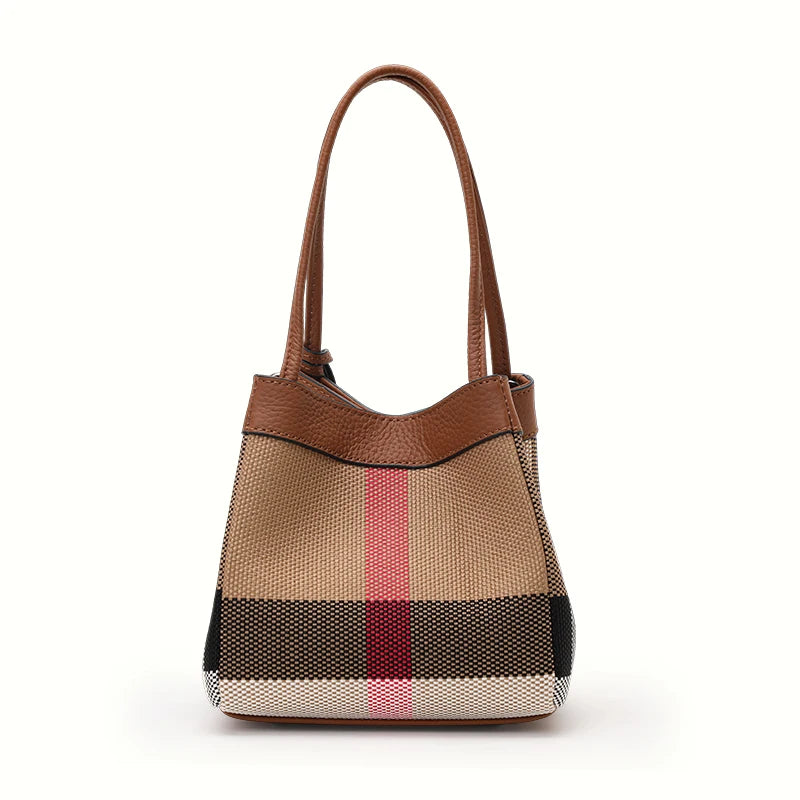 Aidrani Plaid - Canvas Bucket Bag: Leather Trim, Tassel Charm & Timeless Pattern