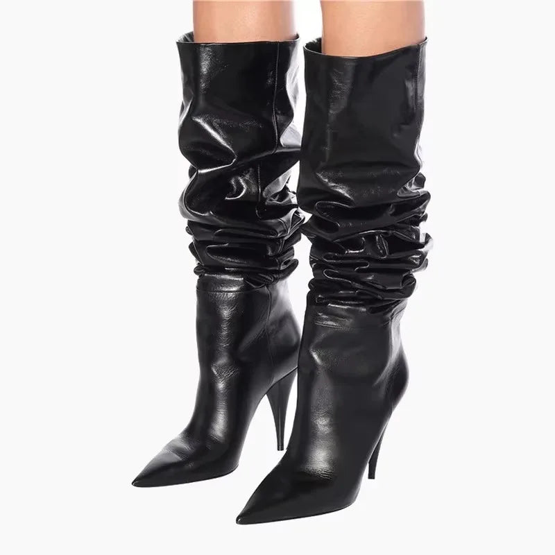 2024 Women's Pleated Solid-Tone Pointed-Toe Slim Stiletto Knee-High Boots - Plus Size FW Fashion-Forward Chic Footwear