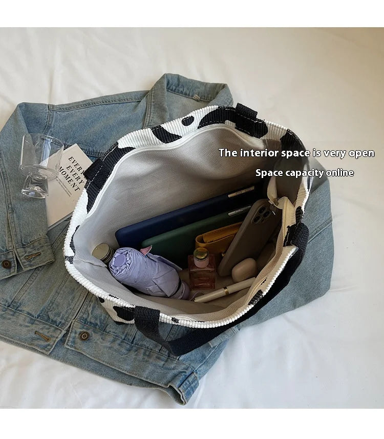 Ladies' one shoulder handbag, large capacity zipper commuting bag, corduroy retro artistic tote bag